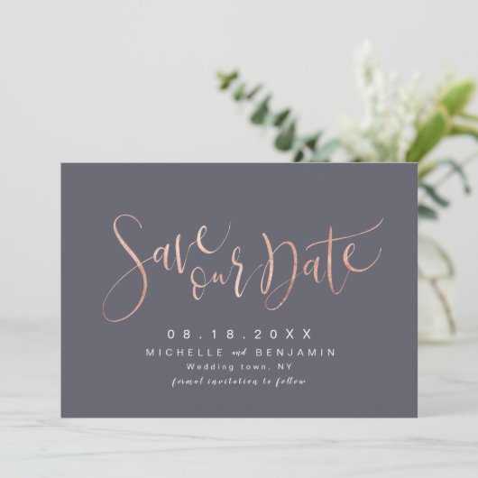 Save The Date Rose Gold Grey Moderne Simple Script Enregistrer L (Debout devant)