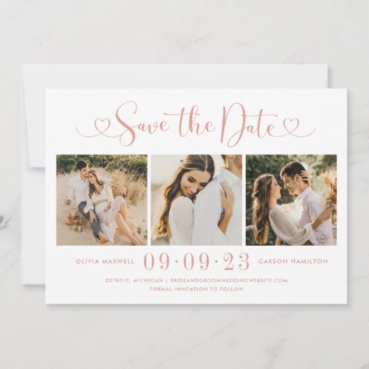 Save The Date Rose Gold Heart Script 3 Photo Mariage Collage (Devant)