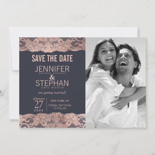 Save The Date Rose Gold Lace et Navy Blue Save the Dates (Devant)