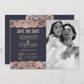 Save The Date Rose Gold Lace et Navy Blue Save the Dates (Devant / Derrière)