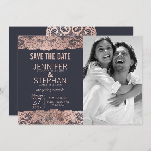 Save The Date Rose Gold Lace et Navy Blue Save the Dates (Devant / Derrière)