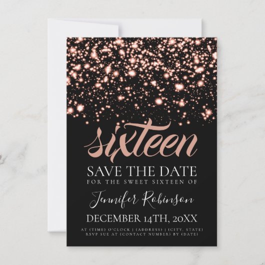 Save The Date Rose Gold Midnight Glam Sweet 16 Anniversaire (Devant)