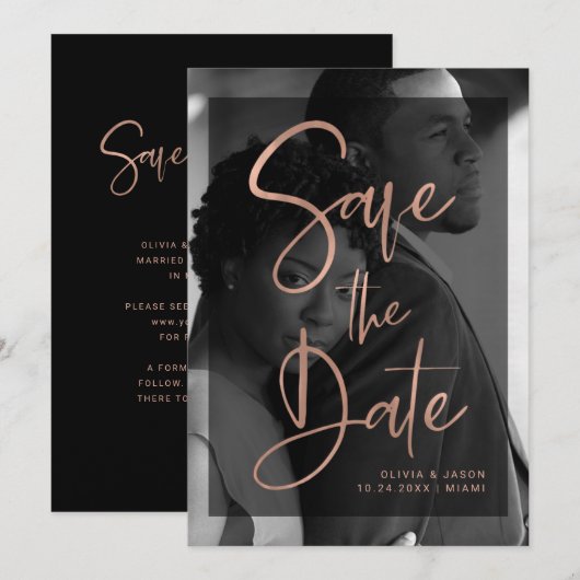 Save The Date Rose Gold Moderne et Superposition Noire | Photo (Devant / Derrière)