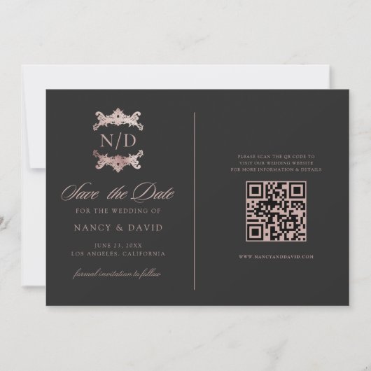Save The Date Rose Gold Monogram Qr Code Wedding  (Devant)