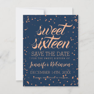 Save The Date Rose Gold Navy Sweet 16 Date de sauvegarde Confett
