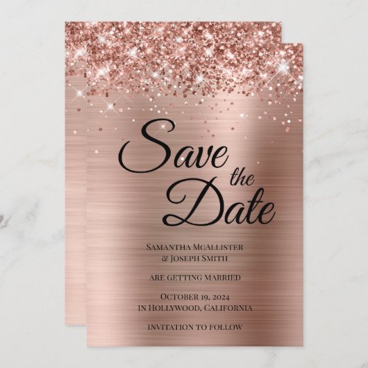 Save The Date Rose Gold Pailleté Script Fantaisie (Devant / Derrière)