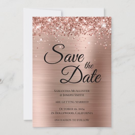 Save The Date Rose Gold Pailleté Script Fantaisie Brillante (Devant)
