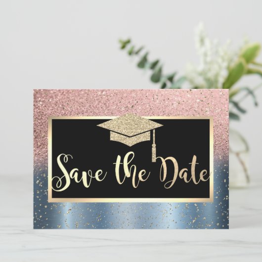 Save The Date Rose Gold Parties scintillant Blue Graduation Enre (Debout devant)