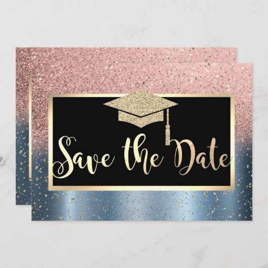 Save The Date Rose Gold Parties scintillant Blue Graduation Enre (Devant / Derrière)