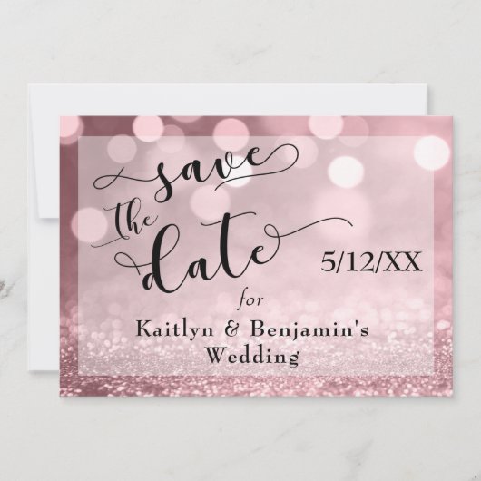 Save The Date Rose Gold Parties scintillant Bokeh & Typographie (Devant)