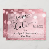Save The Date Rose Gold Parties scintillant Bokeh & Typographie  (Devant / Derrière)