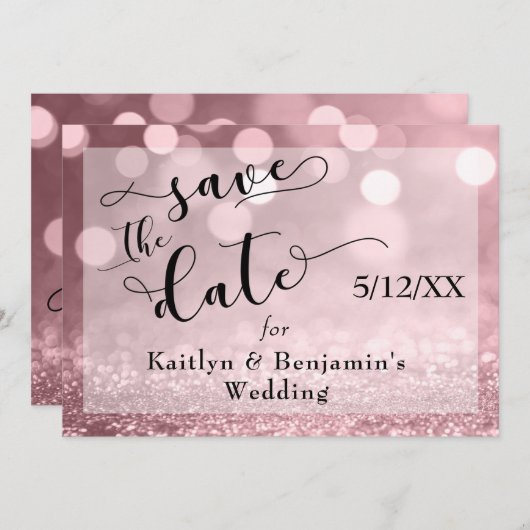 Save The Date Rose Gold Parties scintillant Bokeh & Typographie  (Devant / Derrière)