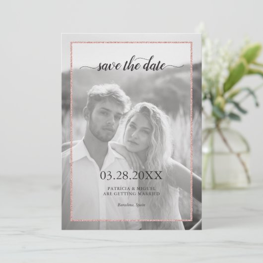 Save The Date Rose Gold Parties scintillant Effet Chic Script Ph (Debout devant)