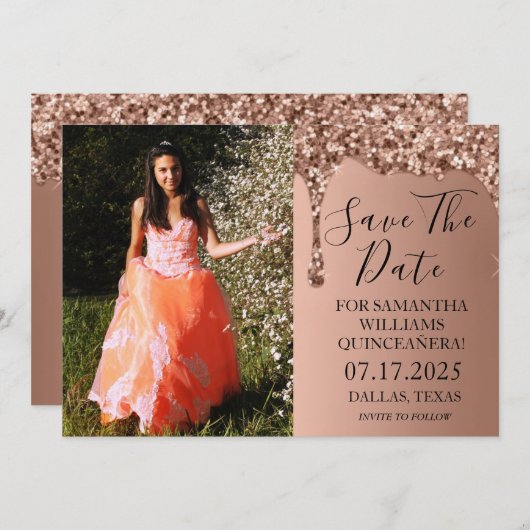 Save The Date Rose Gold Parties scintillant photo décharges Quin (Devant / Derrière)