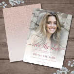 Save The Date Rose Gold Photo Overlay Quinceañera Enregistrer la<br><div class="desc">Save the Date sweet quinze Quinceañera invitation avec une photo personnalisée blush rose rose or parties scintillant ombre invitation modèle qui est facile à personnaliser. Pour redimensionner et positionner votre photo,  cliquez sur le bouton "CUSTOMISER IT".</div>