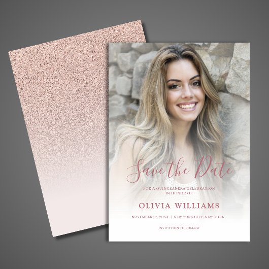 Save The Date Rose Gold Photo Overlay Quinceañera Enregistrer la