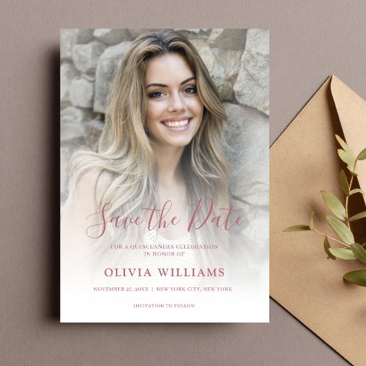 Save The Date Rose Gold Photo Overlay Quinceañera Enregistrer la
