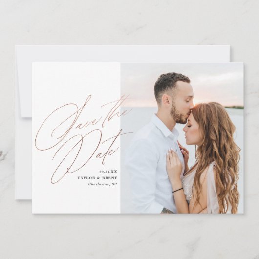Save The Date Rose Gold Script Photo Enregistrer la date Faux Fo (Devant)