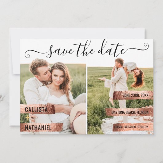 Save The Date Rose Gold Signature Script Photo Enregistrer la da (Devant)