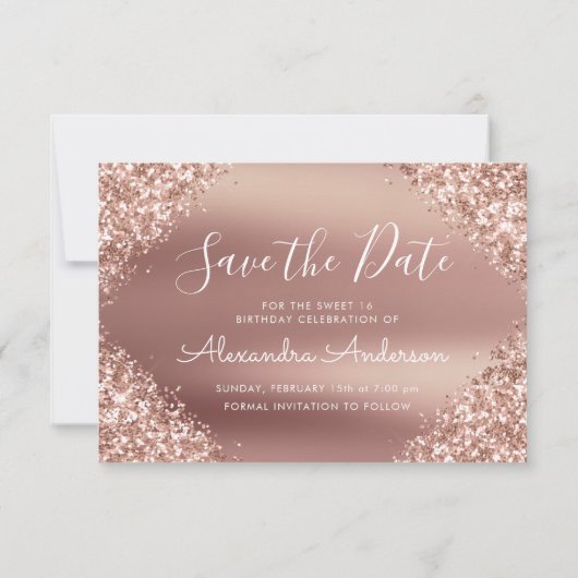 Save The Date Rose Gold Sparkle Parties scintillant Sweet 16 Enr (Dos)