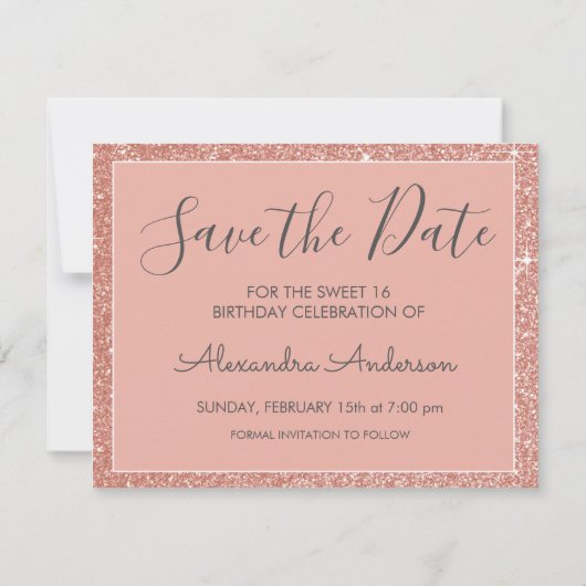 Save The Date Rose Gold Sparkle Parties scintillant Sweet 16 Enr (Dos)