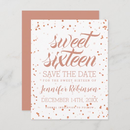 Save The Date Rose Gold Sweet 16 Date de sauvegarde Sparkle Conf (Devant / Derrière)