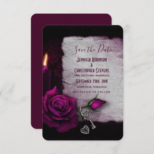 Save The Date Rose gothique, bougie et Mariage de serrure (Devant / Derrière)