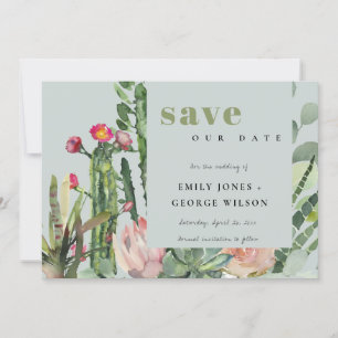 SAVE THE DATE ROSE GRIS DÉSERT FLORAL CACTI FOLIAGE EAU COULEUR