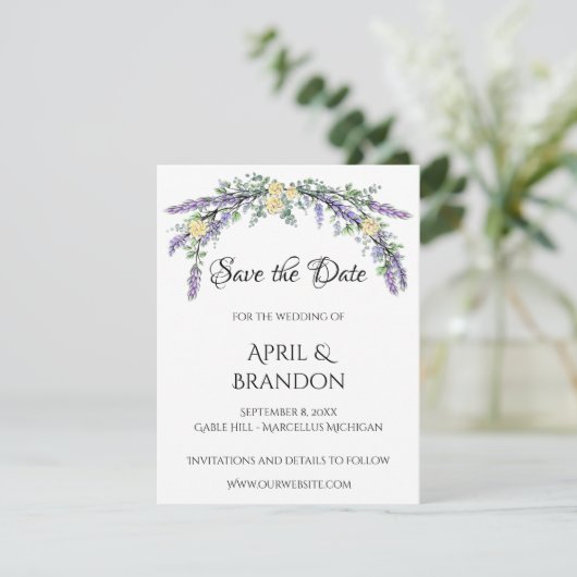 Save The Date Rose jaune lavande et Mariage d'eucalyptus (Debout devant)