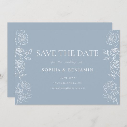Save The Date Rose Mariage moderne Dusty Blue (Devant / Derrière)