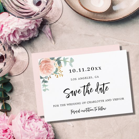Save The Date rose mariage or fleuri eucalyptus