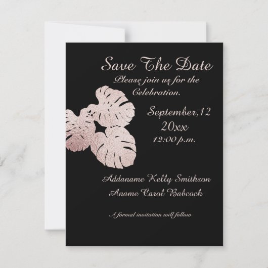 Save The Date Rose moderne Black Graphisme Feuilles or élégant, (Devant)