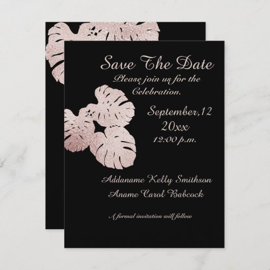 Save The Date Rose moderne Black Graphisme Feuilles or élégant, (Devant / Derrière)