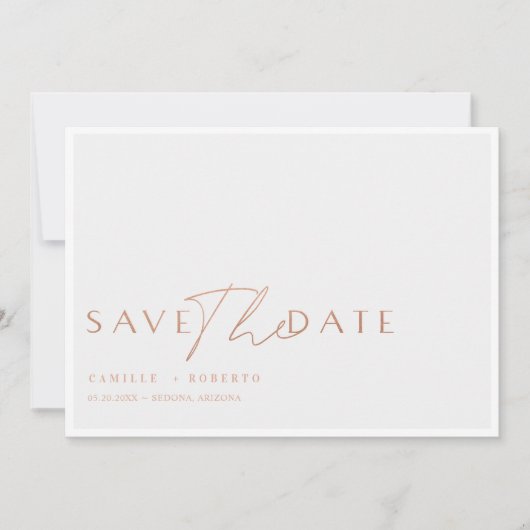 Save The Date Rose moderne et élégant Blush Gold Script (Devant)