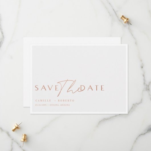 Save The Date Rose moderne et élégant Blush Gold Script (Devant/Arrière en situation)