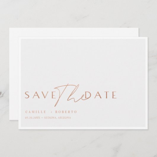 Save The Date Rose moderne et élégant Blush Gold Script (Devant / Derrière)