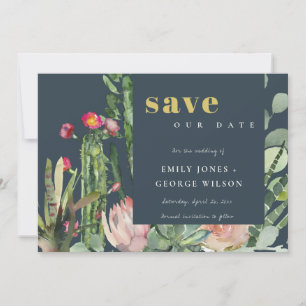 SAVE THE DATE ROSE NAVY FLEURIE FEUILLAGE CACTUS DU DÉSERT AQUAR