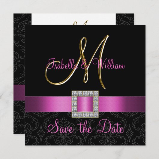 Save The Date Rose noir Damask or initial Enregistrer la date (Devant / Derrière)