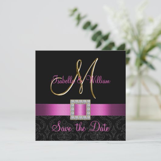 Save The Date Rose noir Damask or initial Enregistrer la date (Debout devant)