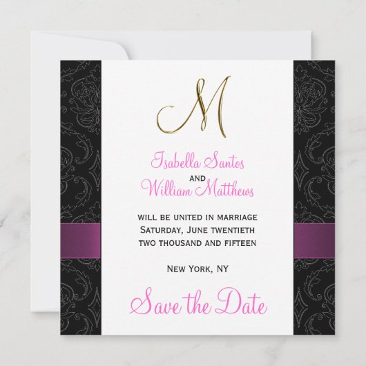 Save The Date Rose noir Damask or initial Enregistrer la date (Dos)