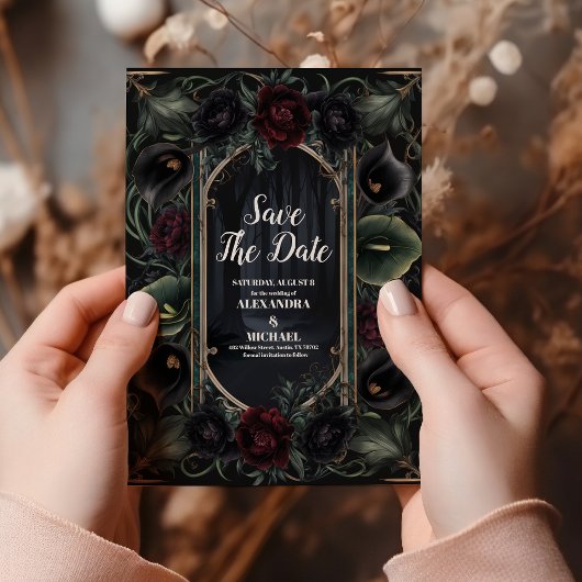 Save The Date Rose noir Floral Gothique Mariage d'Halloween
