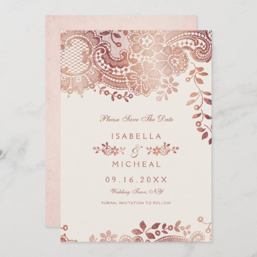 Save The Date Rose or élégant dentelle mariage enregistrer la da (Devant / Derrière)