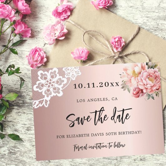 Save The Date Rose or rose florale dentelle anniversaire