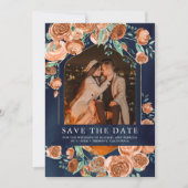 Save The Date Rose orange brûlé Terracotta Floral Navy Mariage (Devant)