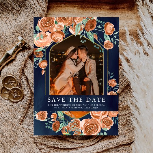 Save The Date Rose orange brûlé Terracotta Floral Navy Mariage