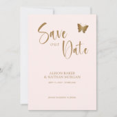 Save The Date Rose Pâle & Écriture Dorée avec Papillon Pailleté (Devant)