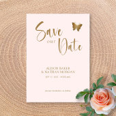Save The Date Rose Pâle & Écriture Dorée avec Papillon Pailleté