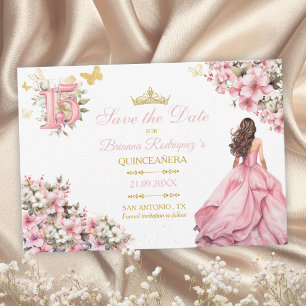 Save The Date Rose Pâle Floral Papillons Dorés Quinceañera