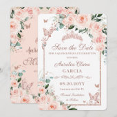 Save The Date Rose Pâle Florale Douce 16 Or Rose Quinceañera (Devant / Derrière)