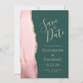 Save The Date Rose Pâle Or Agate Vert Émeraude Mariage (Devant)